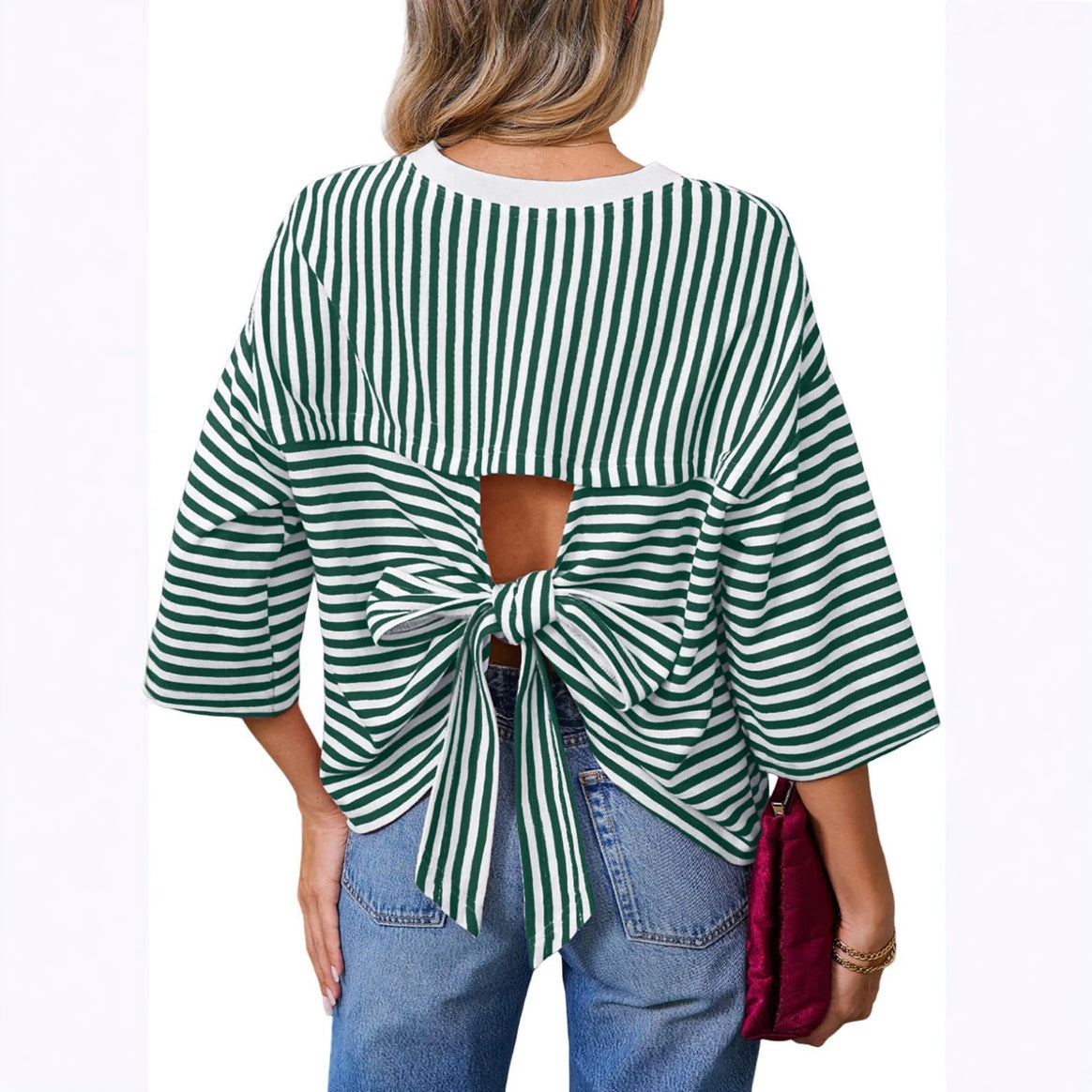 Women's Striped Oversize Shirt with Back Cutout and Bow Tie Mune Fashion