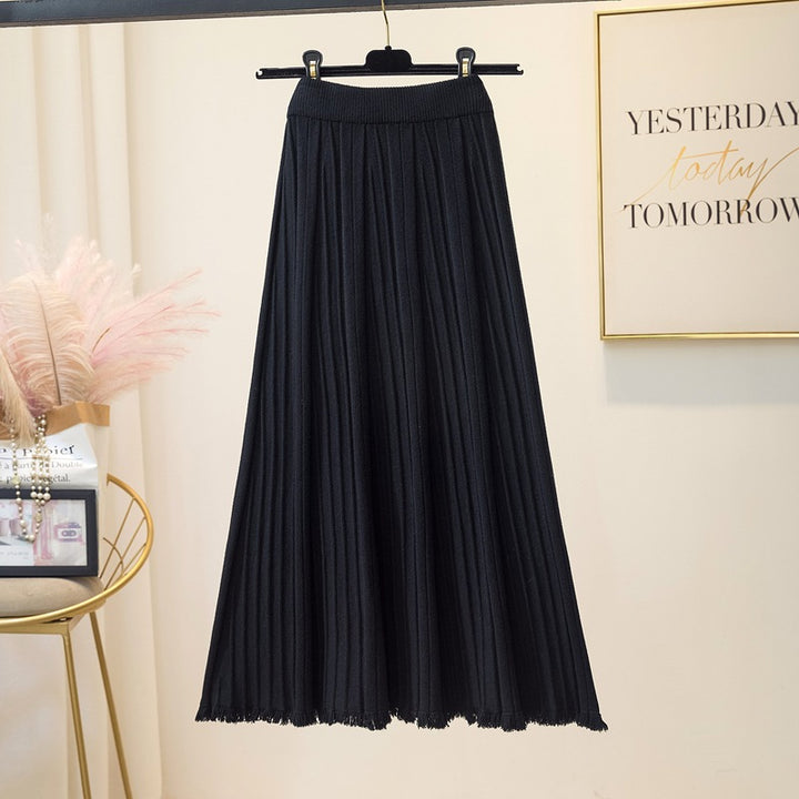 Women's Pleated Maxi Skirt with Elastic Waistband and Fringed Hem Mune Fashion