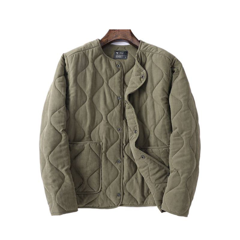 Men's Padded Quilted Jacket without Collar with Round Neck and Patch Pockets Mune Fashion