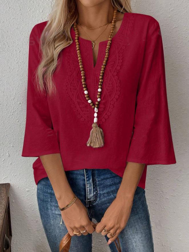 Women's Embroidered Linen Tunic with V-Neck and Three-Quarter Sleeves Mune Fashion