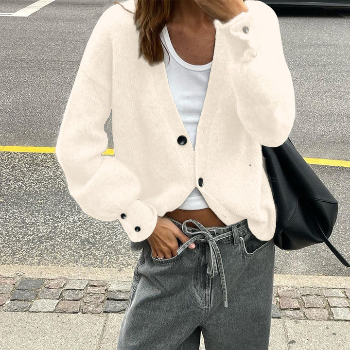 Women's casual cardigan with deep V-neck, button placket and balloon sleeves Mune Fashion