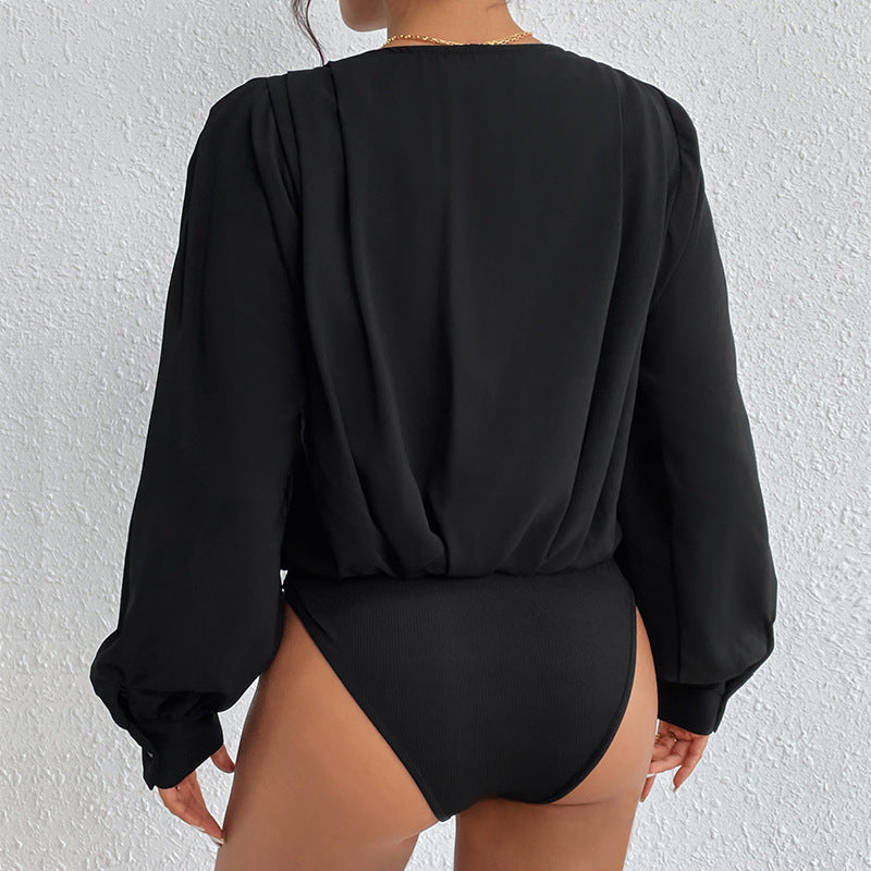Women's Lightweight Wrap Blouse with V-Neck, Gathered Shoulders & Balloon Sleeves Mune Fashion