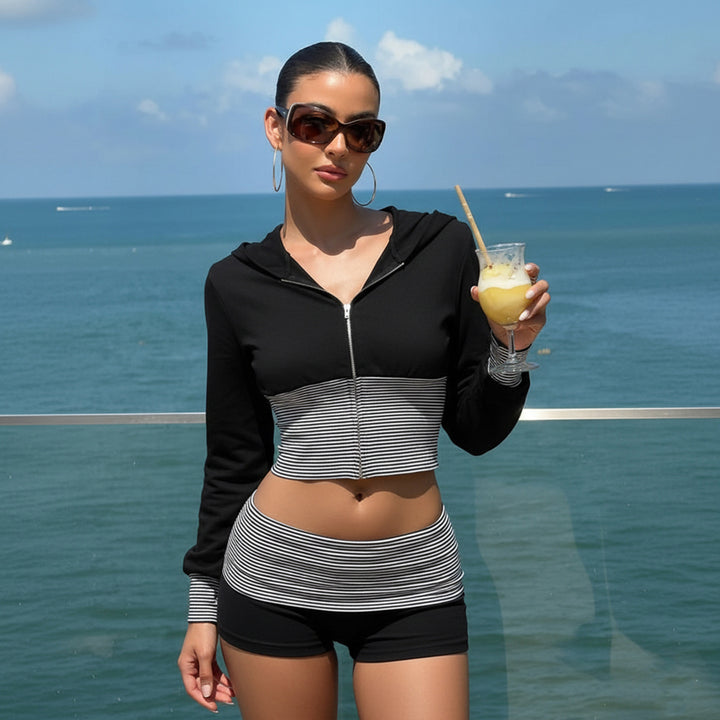 Women's short-cut lounge set with hooded cropped zip and striped high-waist shorts Mune Fashion