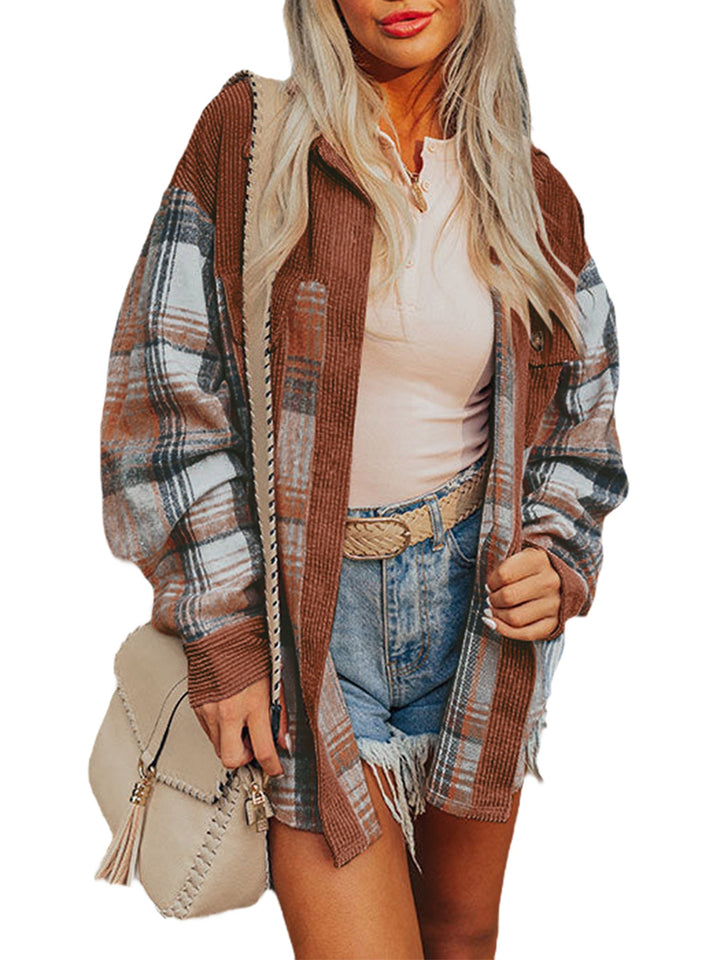 Women's Oversize Knit Check Cardigan with Cord Inserts and Patch Pockets Mune Fashion