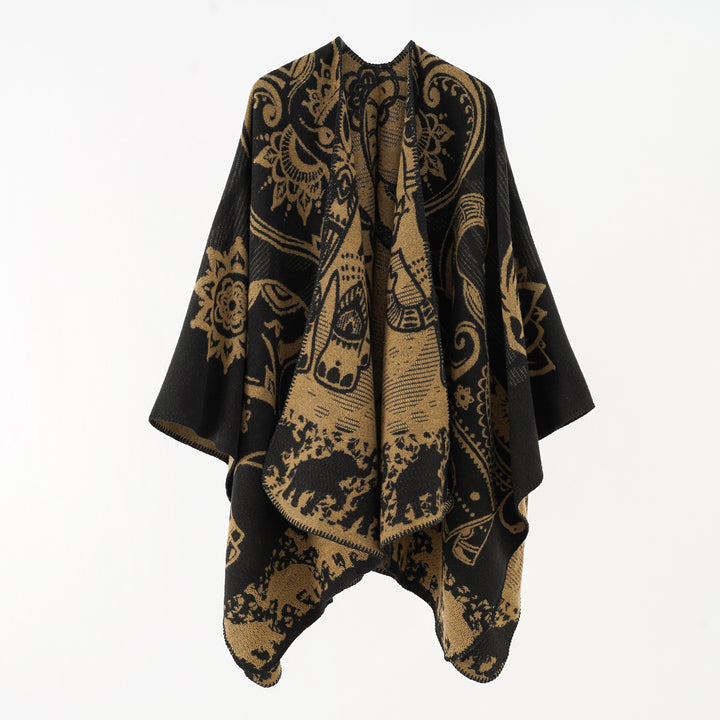 Women’s Ornamental Jacquard Wrap Cape with Soft Fall Mune Fashion