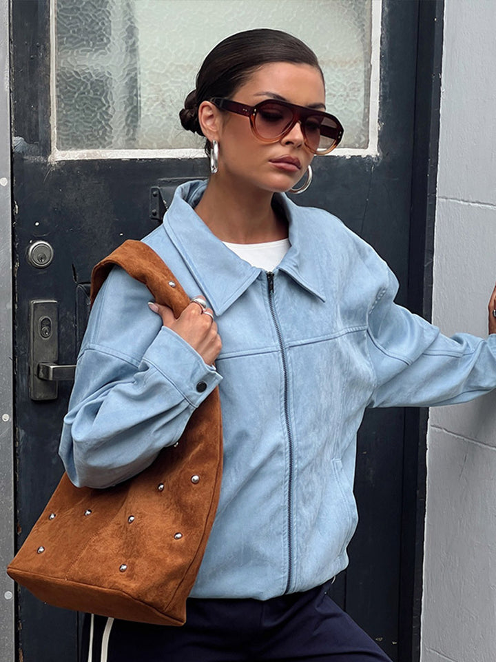 Women's Lightweight Suede-Look Blouson with Shirt Collar, Full Zipper and Boxy Silhouette Mune Fashion