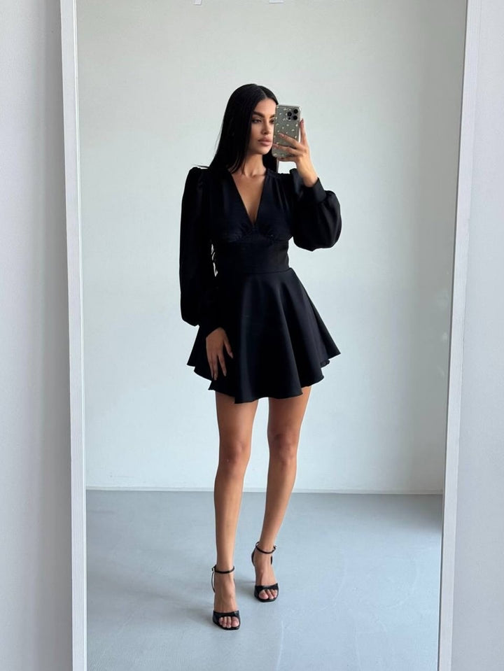 Women's Corset Detail Mini Dress with Puff Sleeves and Flared Skirt Mune Fashion