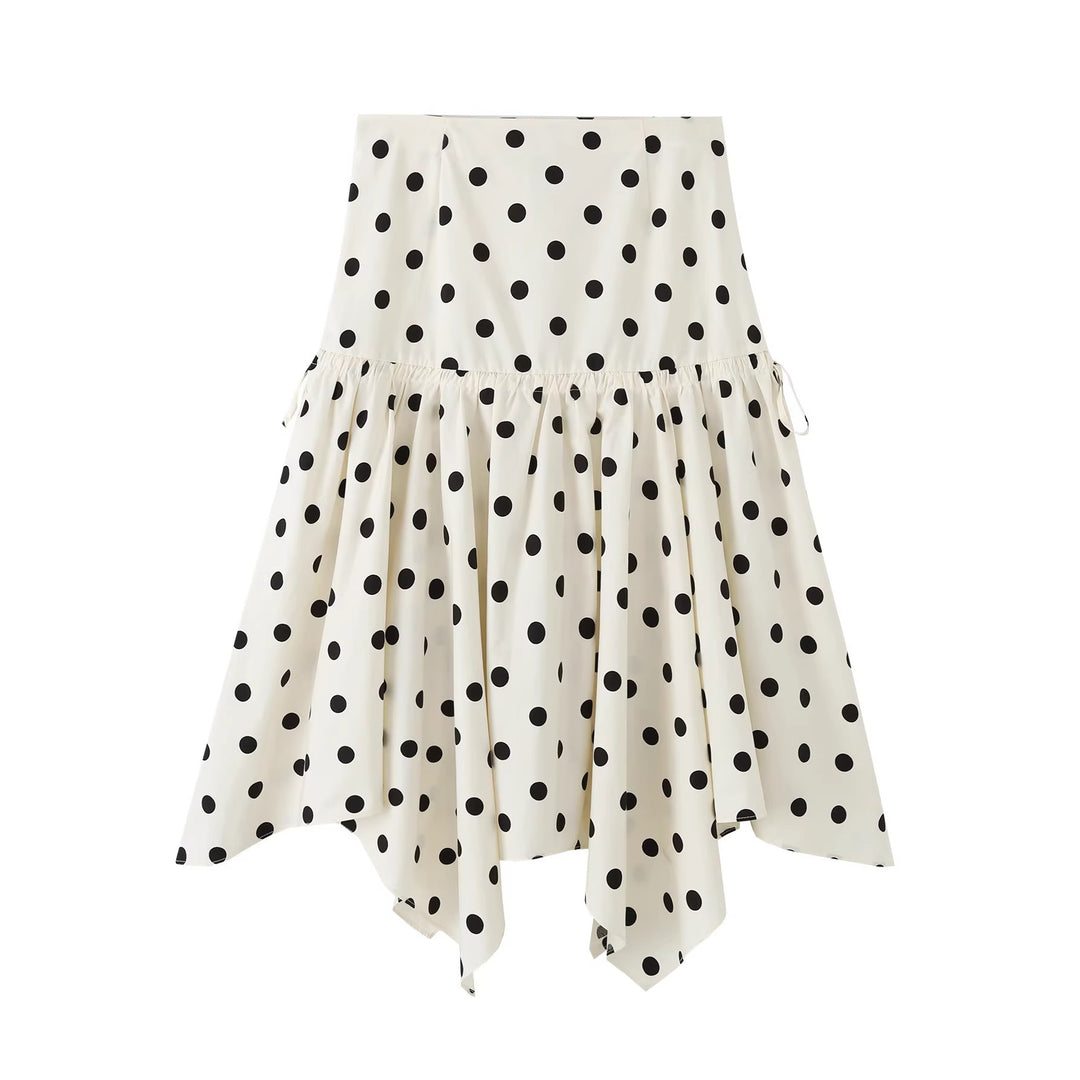 Women's midi skirt with asymmetrical jagged hem, polka dot pattern and high waistband Mune Fashion