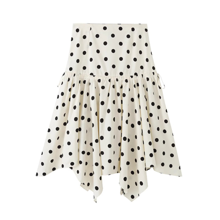 Women's midi skirt with asymmetrical jagged hem, polka dot pattern and high waistband Mune Fashion