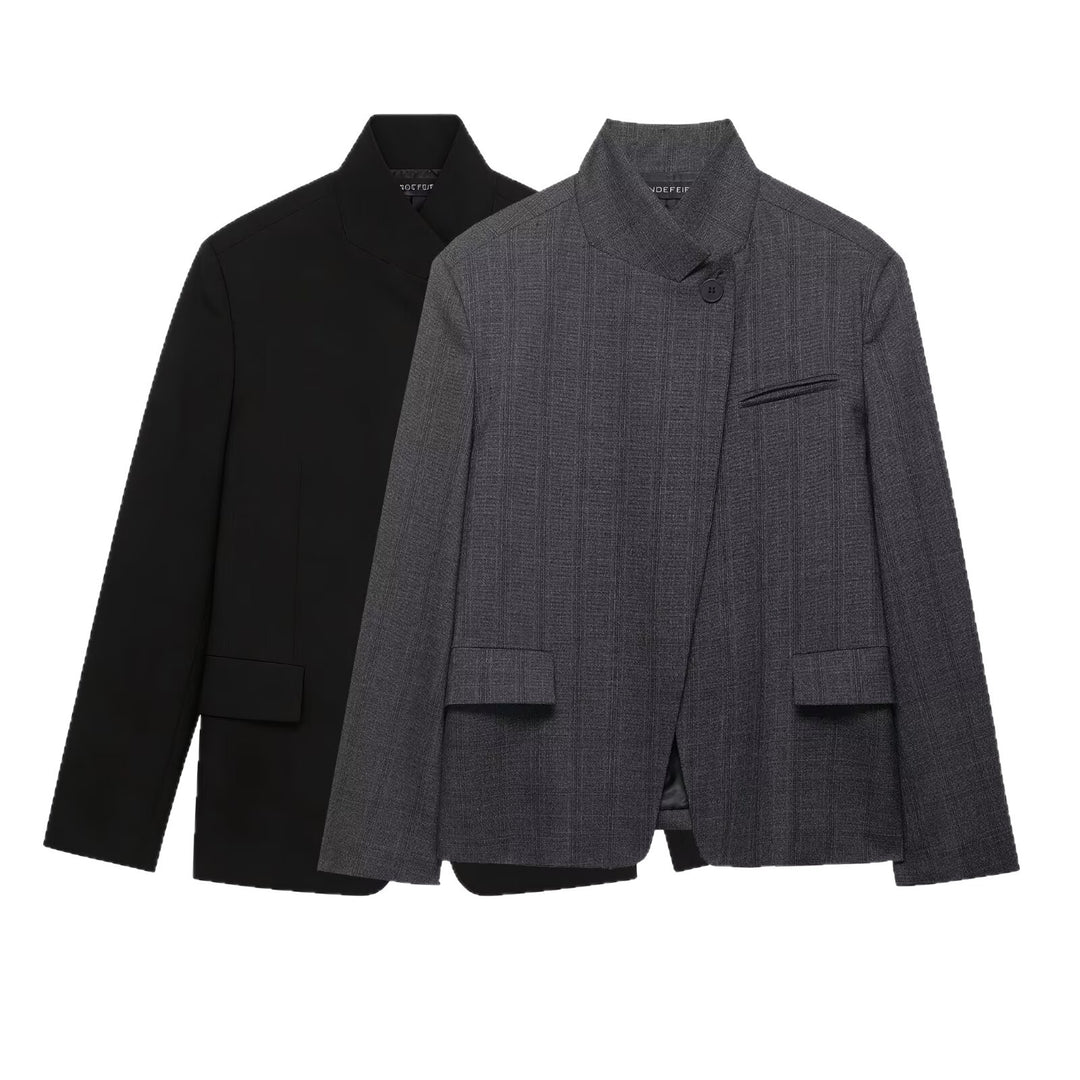 Women Modern Slim Blazer with Asymmetrical Button Placket and Stand Collar Mune Fashion