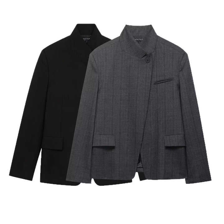 Women Modern Slim Blazer with Asymmetrical Button Placket and Stand Collar Mune Fashion