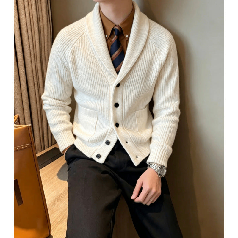 Men's shawl collar knitted cardigan with ribbed texture, button placket, and patch pockets Mune Fashion