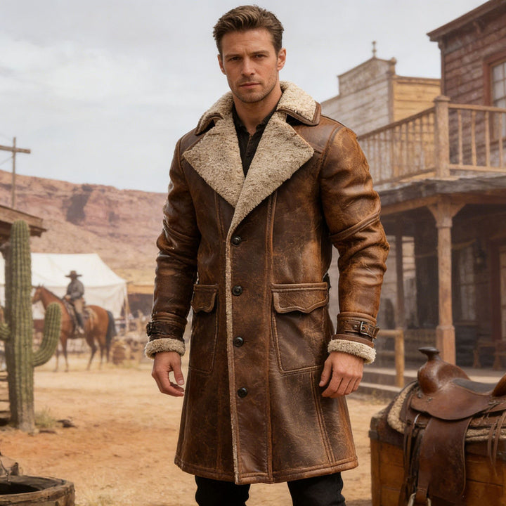 Men's longer vintage biker leather coat with full Sherpa lining, flap pockets, and adjustable buckle cuffs Mune Fashion