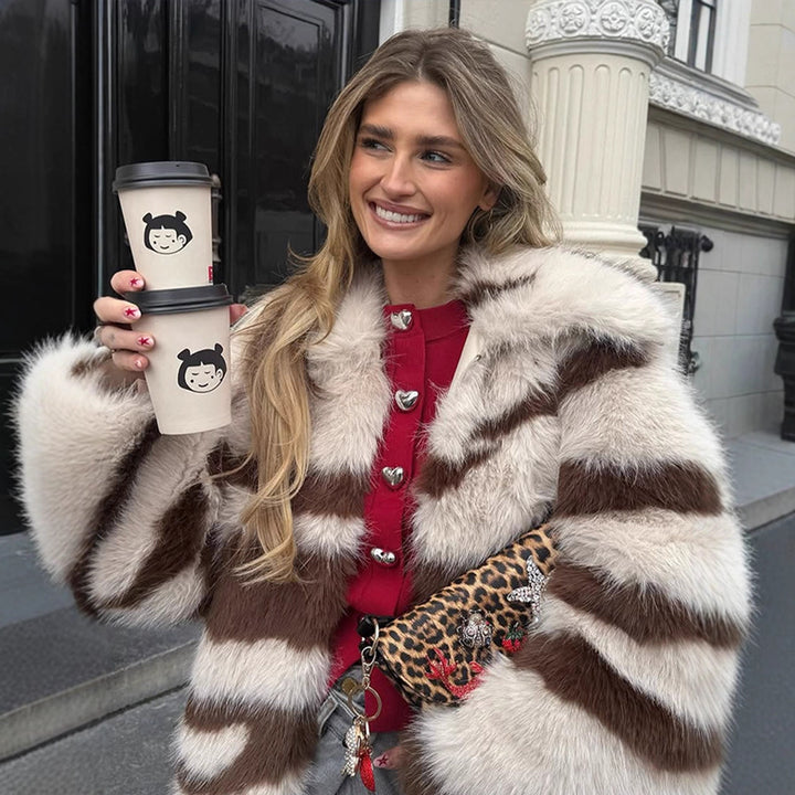 Women Striped Oversize Faux Fur Coat with Short Boxy Cut Mune Fashion