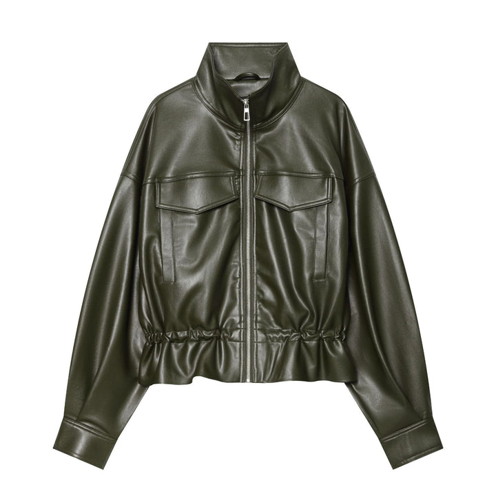 Women Cropped Faux Leather Jacket with High Stand Collar, Patch Chest Pockets and Drawstring Waist Drune