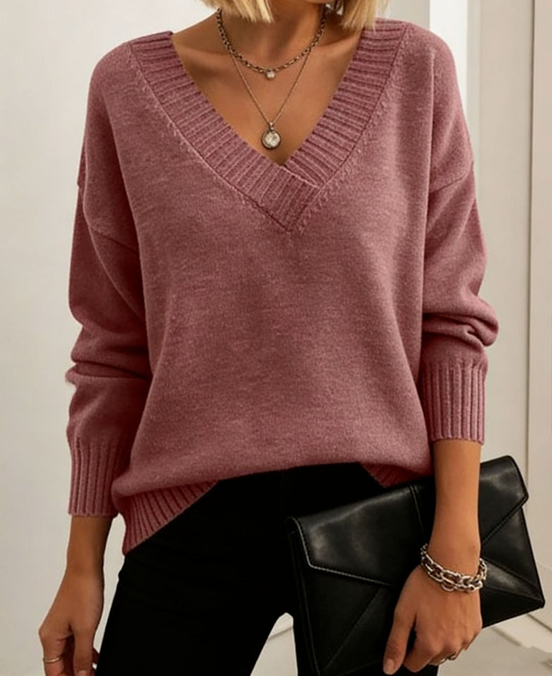 Women's fine knit sweater with deep V-neck and dropped shoulder Mune Fashion