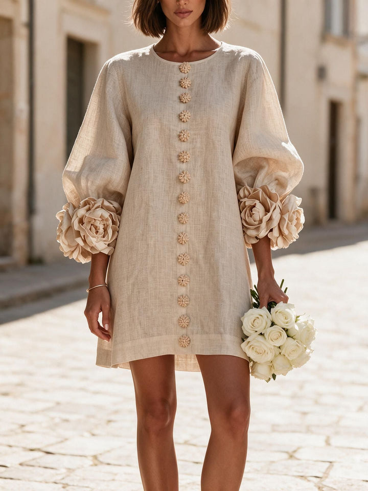 Ladies short dress made of linen with voluminous balloon sleeves and 3D flower cuffs Mune Fashion