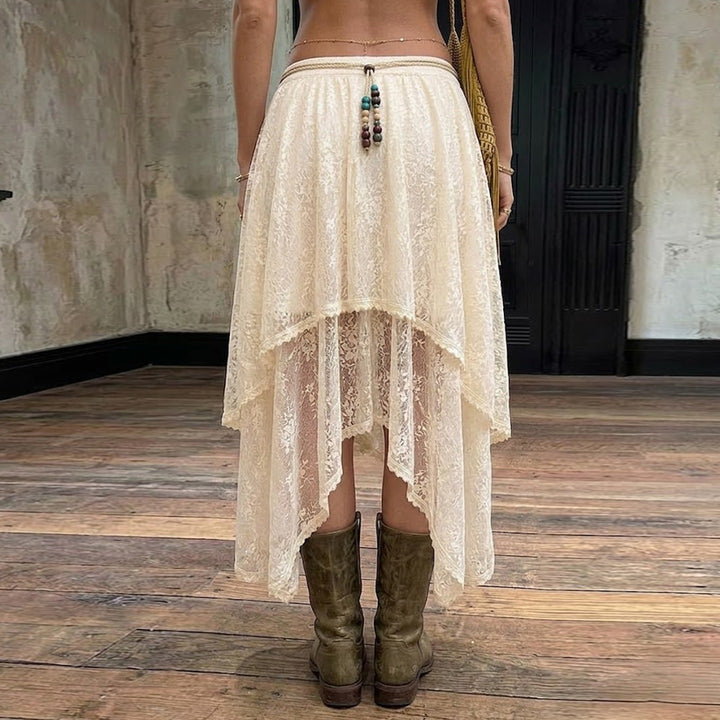 Women Multi-layered Lace Midi Skirt with Asymmetrical Hem and Elastic Waistband Mune Fashion