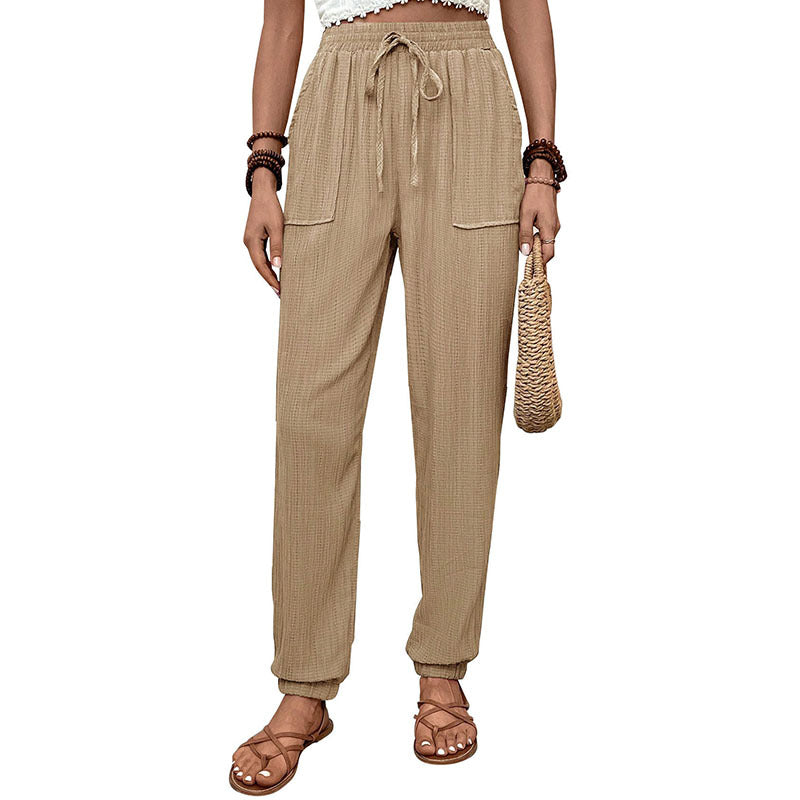 Women Loose Linen Look Jogger Pants with High Elastic Waistband, Drawstring, Patch Pockets & Elastic Cuffs Mune Fashion
