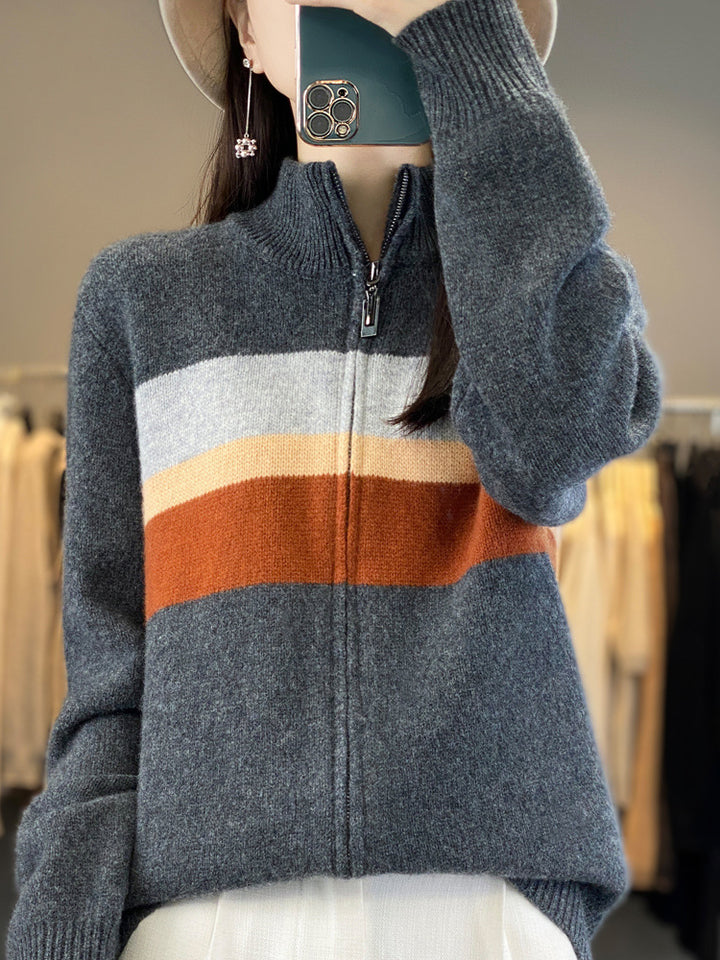 Ladies zip-up knitted cardigan made of soft wool blend with block stripes and ribbed hem Mune Fashion