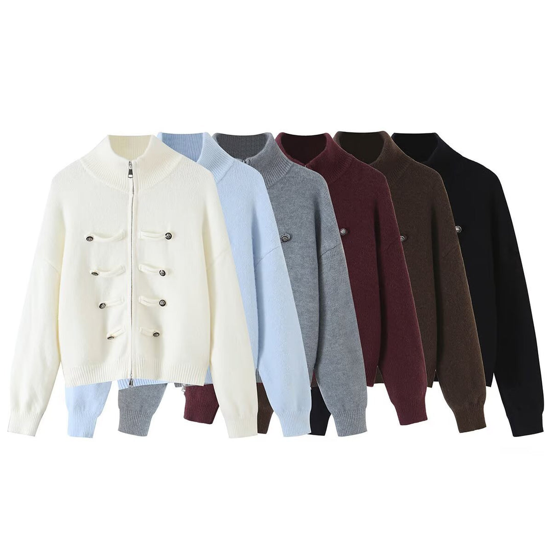 Ladies cardigan with stand-up collar, zipper and decorative knot trims Mune Fashion
