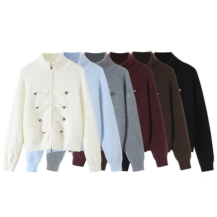Ladies cardigan with stand-up collar, zipper and decorative knot trims Mune Fashion