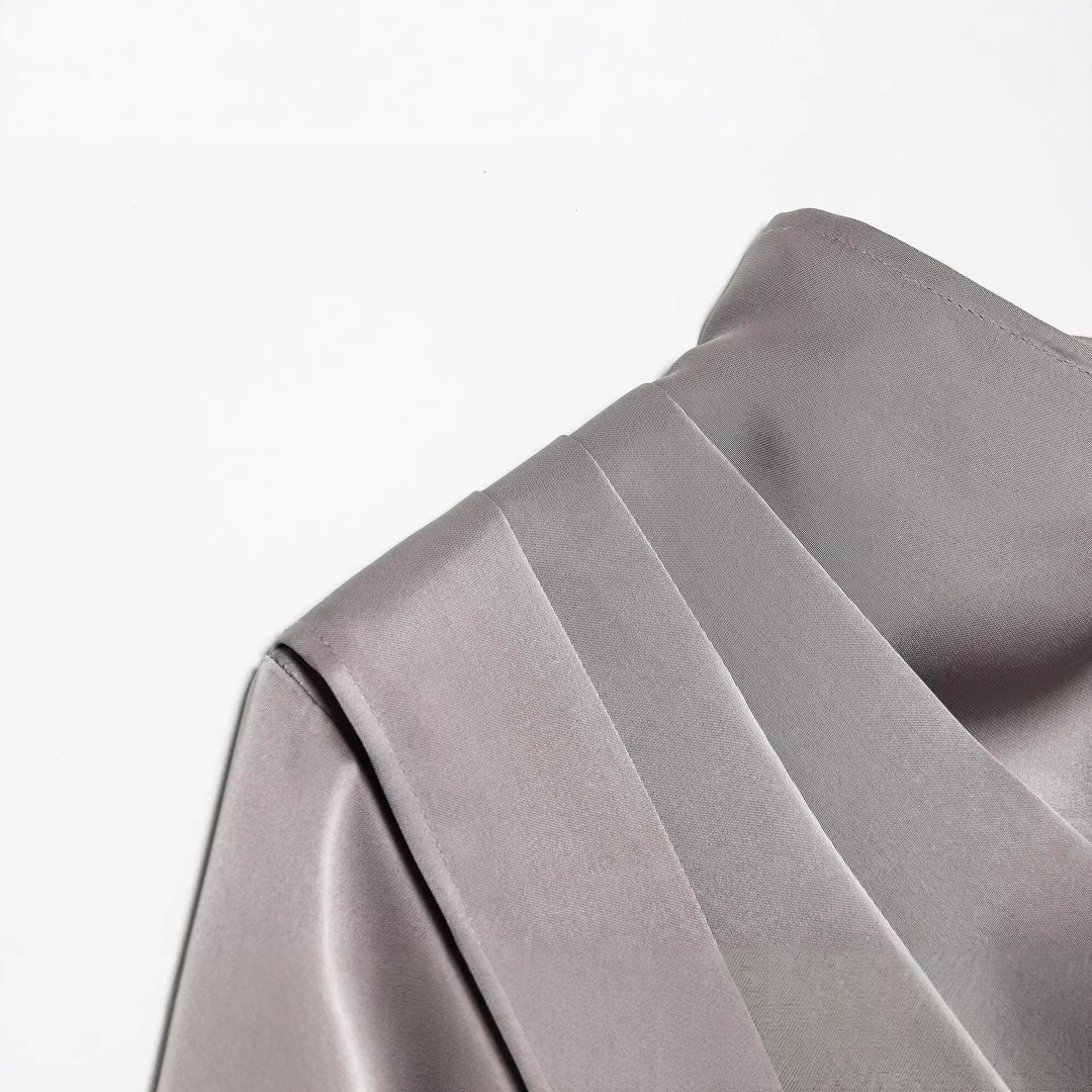 Women Asymmetrical Draped Satin Blouse with Waterfall Collar Mune Fashion