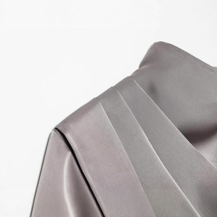 Women Asymmetrical Draped Satin Blouse with Waterfall Collar Mune Fashion