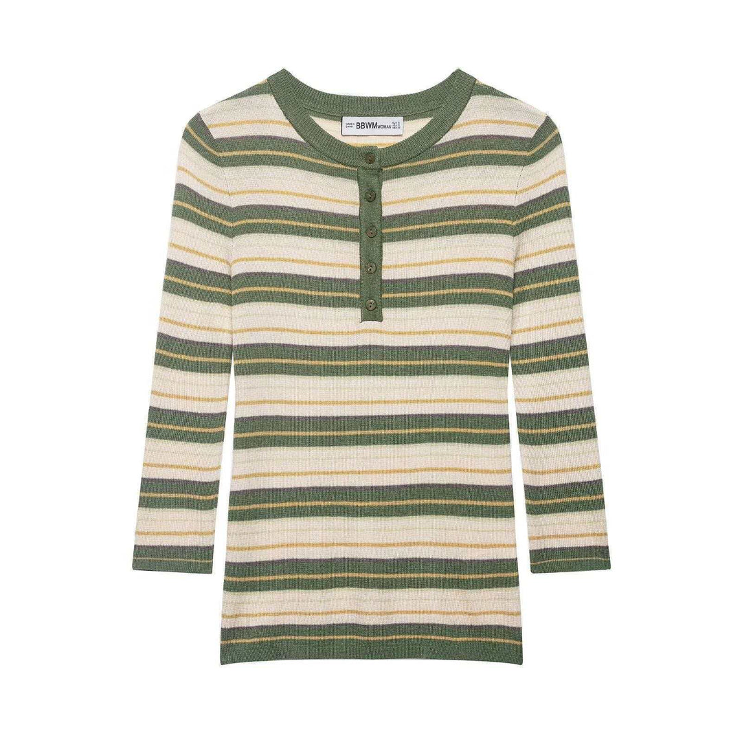 Women's ribbed long sleeve with Henley button placket and fine stripe pattern Mune Fashion