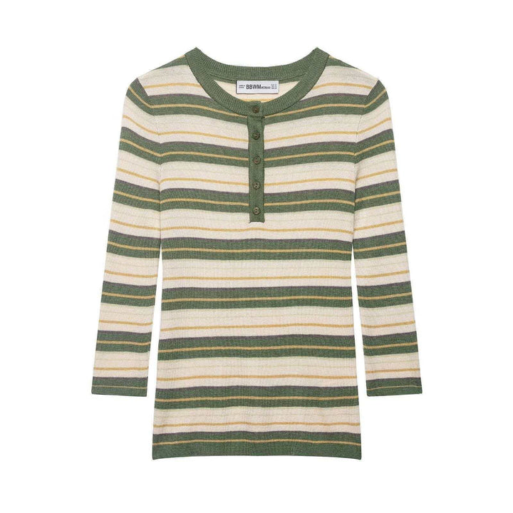 Women's ribbed long sleeve with Henley button placket and fine stripe pattern Mune Fashion