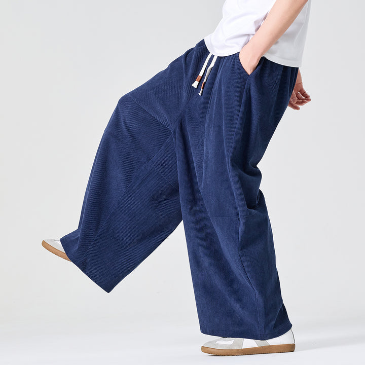 Men's Wide Cord Pants in Palazzo Cut with Elastic Waistband and Drawstring Mune Fashion
