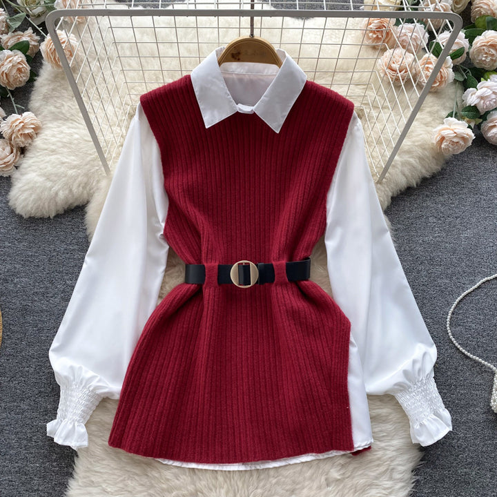 Ladies layering look blouse with ribbed knit overlay and waistbelt Mune Fashion