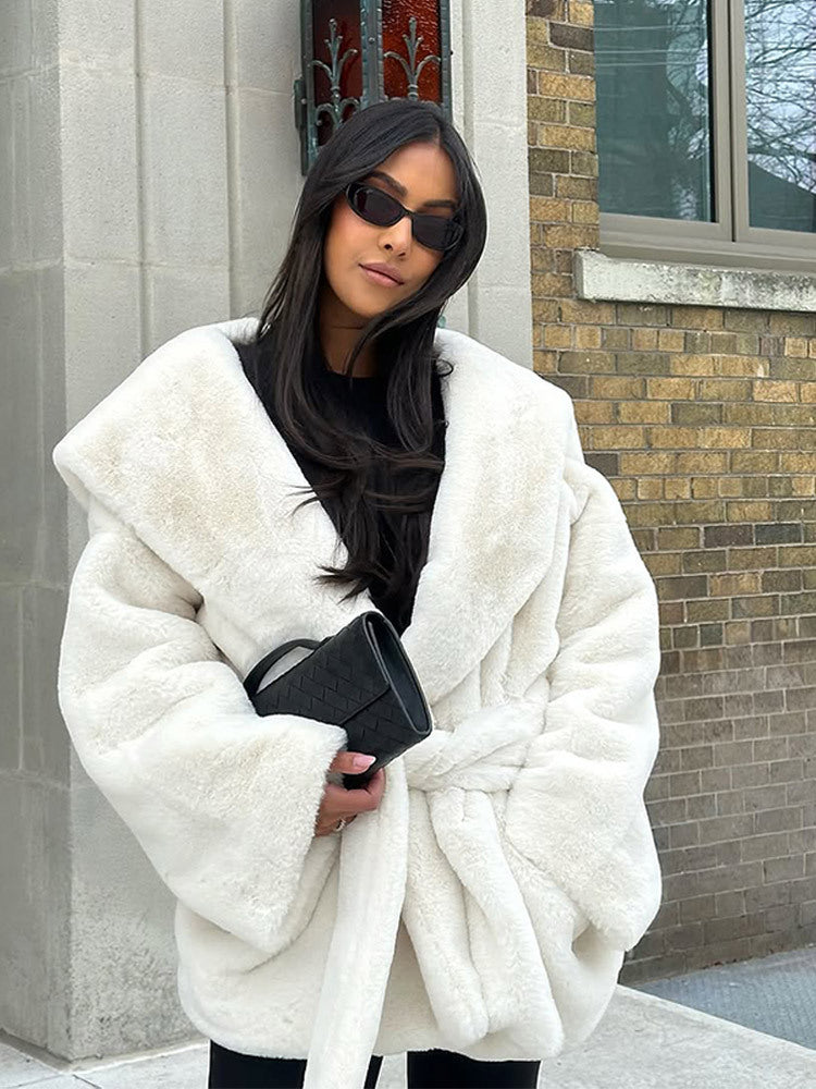 Women's Oversized Teddy Coat with Extra Large Shawl Collar and Wrap Belt Mune Fashion