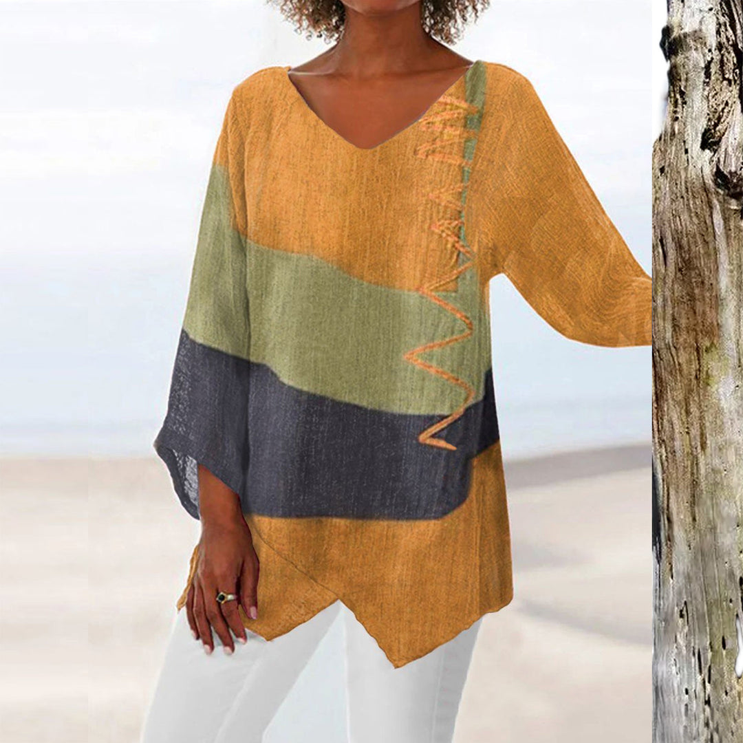 Women Casual A-Line Linen Look Tunic with Color Block Stripes and V-Neck Mune Fashion