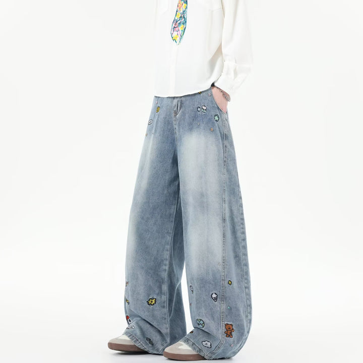 Men's Extra Wide Baggy Jeans with Playful Embroidery and Wide Leg Mune Fashion