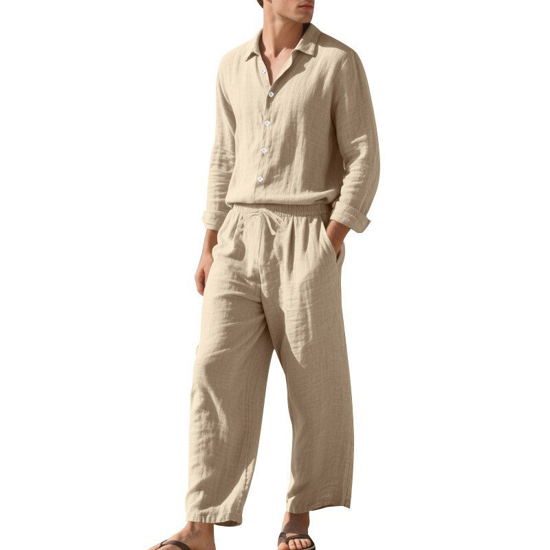 Men's Lightweight Linen Shirt and Pants Set with Drawstring and Loose Fit Mune Fashion
