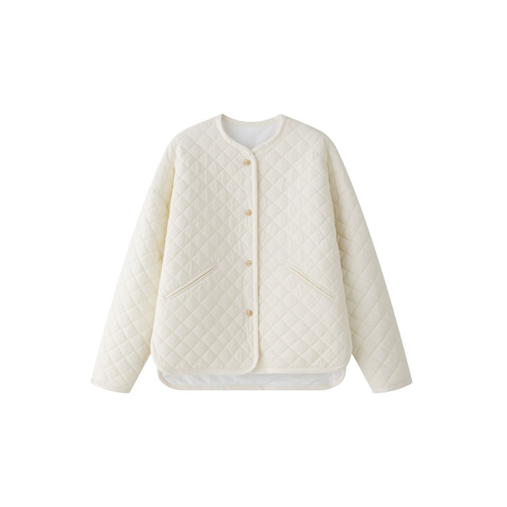 Women’s light padded oversized quilted jacket with round neckline and patch pockets Mune Fashion