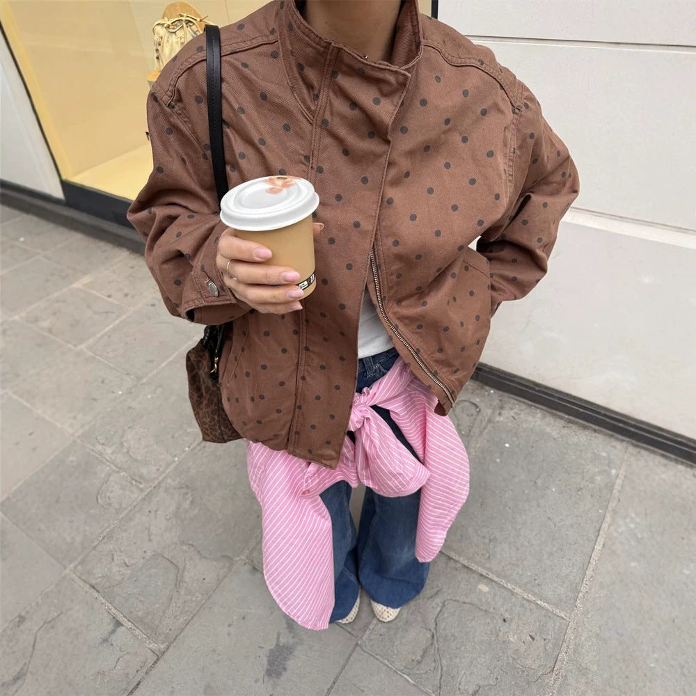 Women Two-Piece Polka Dot Loungewear Set made of Cotton Blend with Boxy Jacket and High-Waisted Wide Leg Pants Mune Fashion