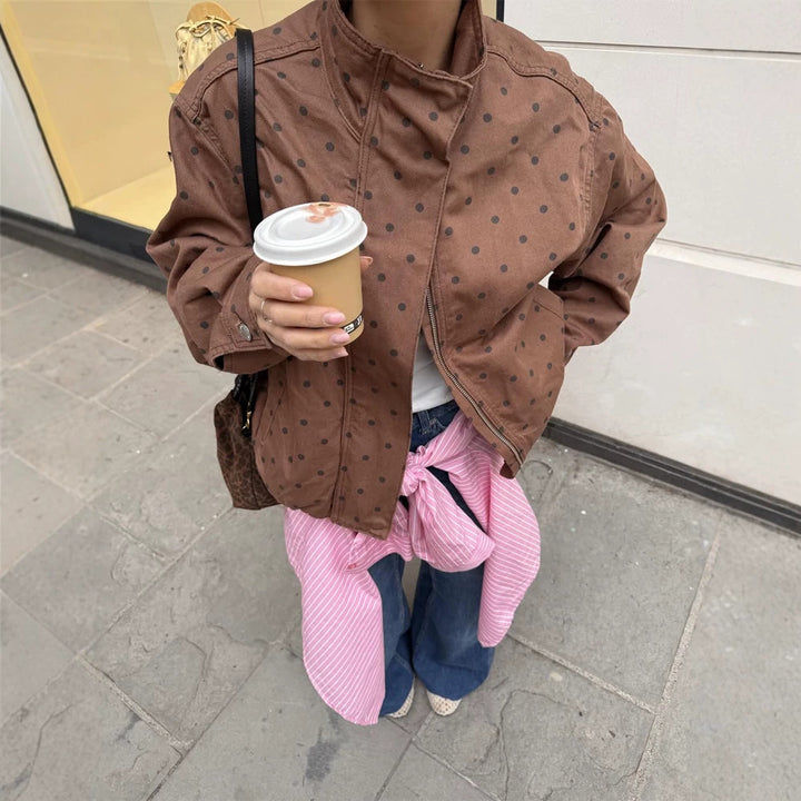 Women Two-Piece Polka Dot Loungewear Set made of Cotton Blend with Boxy Jacket and High-Waisted Wide Leg Pants Mune Fashion