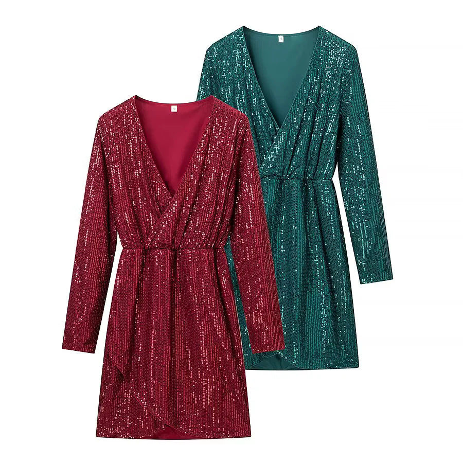 Women's wrap mini dress with sequin trim, deep V-neckline and fitted tie belt Mune Fashion