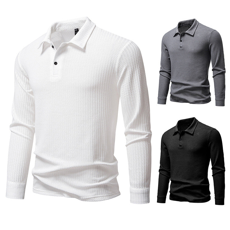 Men's Waffle Knit Polo Shirt with Half Button Placket and Shirt Collar Mune Fashion