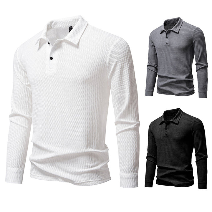 Men's Waffle Knit Polo Shirt with Half Button Placket and Shirt Collar Mune Fashion