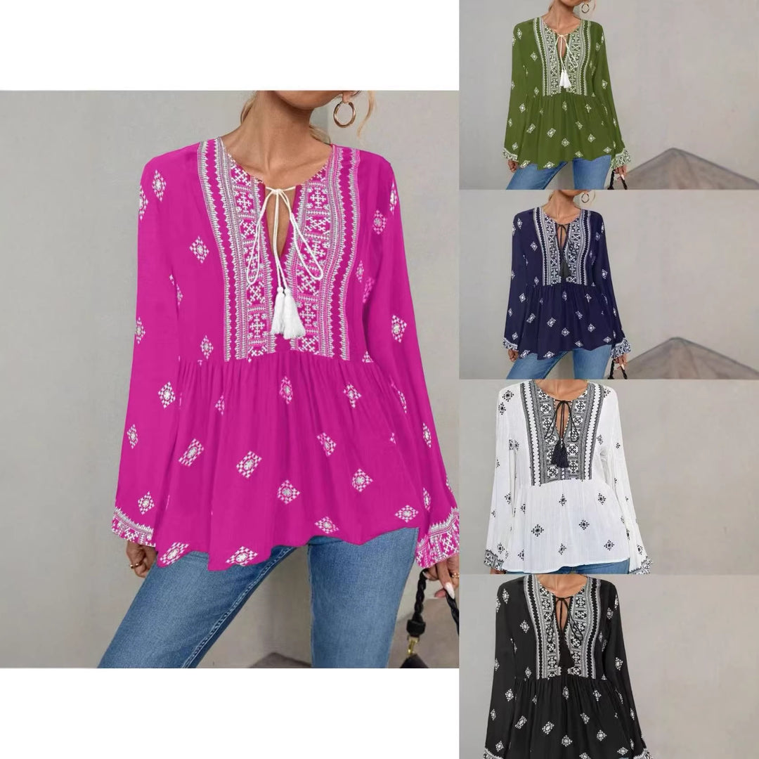 Women Embroidered Boho Tunic Blouse with Tassel Bands and Layered Hem Mune Fashion