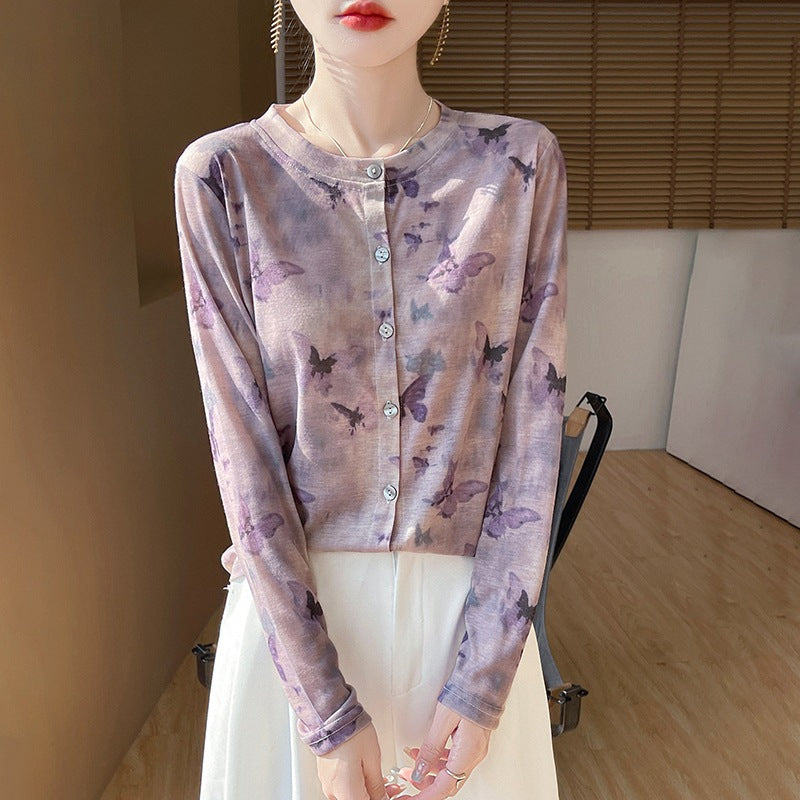 Ladies Lightweight Watercolor Print Fine Knit Cardigan with Round Neck and Button Placket Mune Fashion