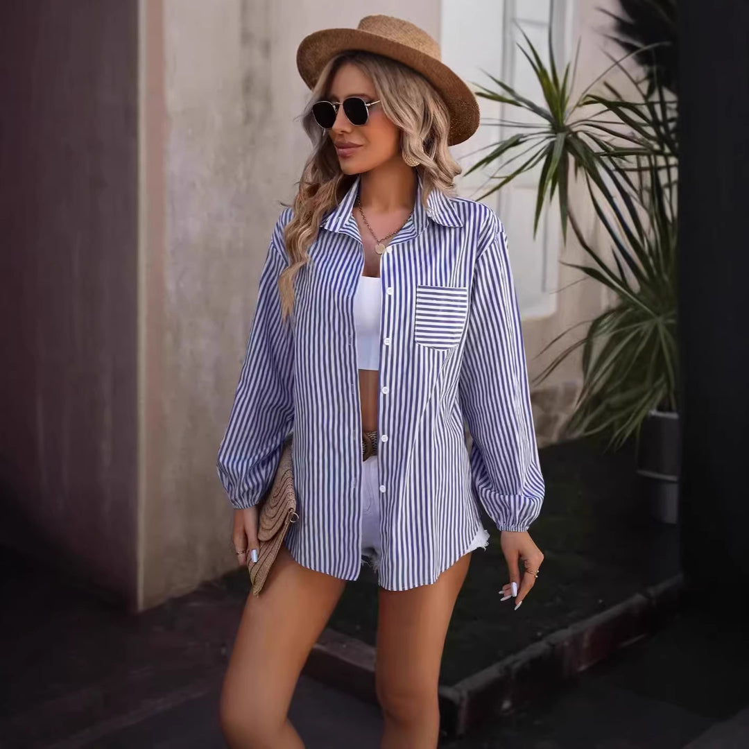 Women's Oversized Shirt Blouse with Stripes, Chest Pocket and Balloon Sleeves Drune