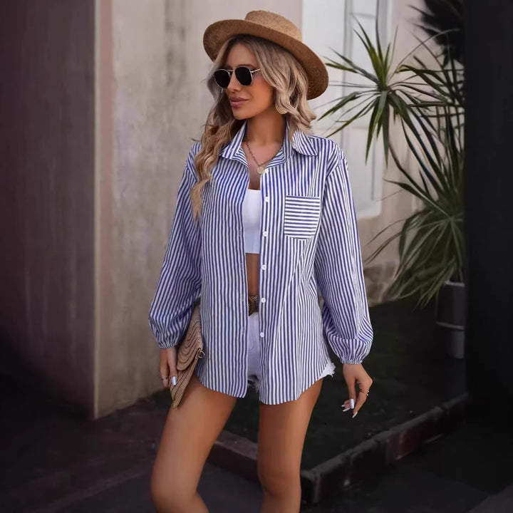 Women's Oversized Shirt Blouse with Stripes, Chest Pocket and Balloon Sleeves Drune