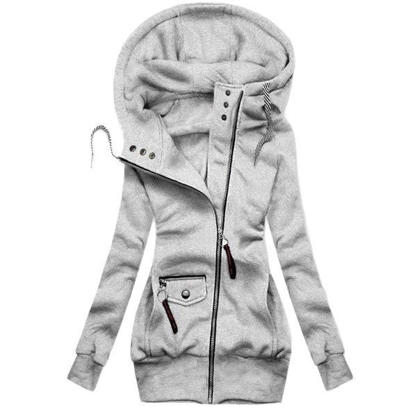 Women's Long Hooded Jacket with Asymmetrical Zipper and Zip Pocket Mune Fashion