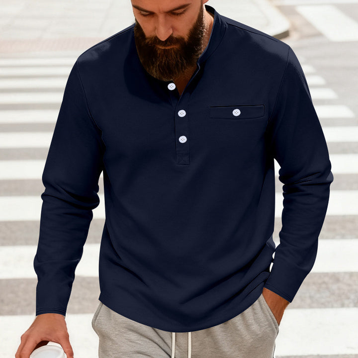 Men's Casual Henley Long Sleeve Shirt with Stand-Up Collar, Chest Pocket, and Curved Hem Mune Fashion