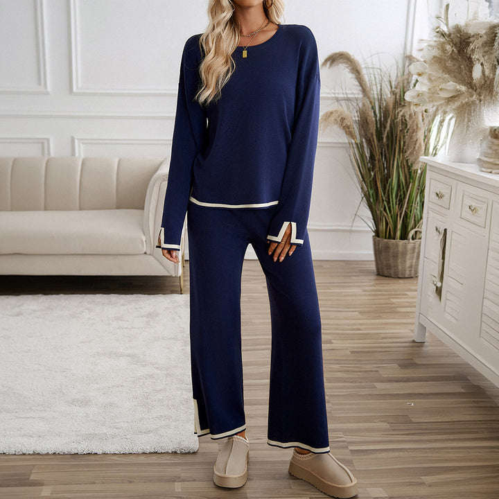 Women's relaxed lounge set with soft round neckline, contrasting piping, and wide palazzo pants Mune Fashion