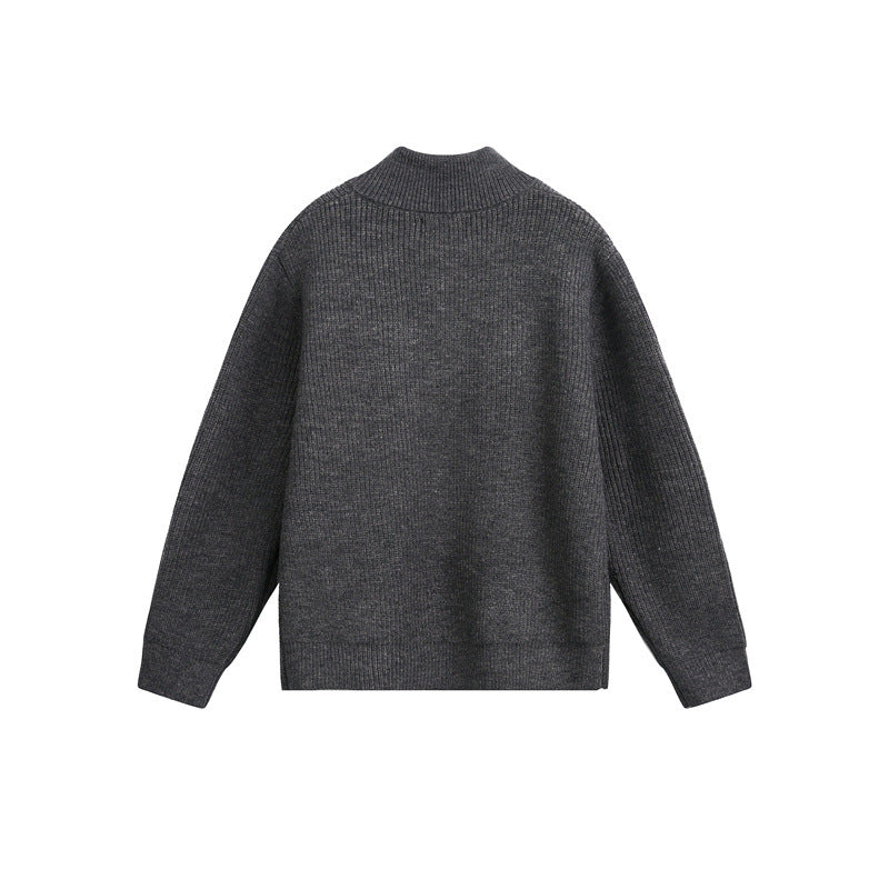 Unisex chunky knit pullover with half zipper and stand-up collar Mune Fashion